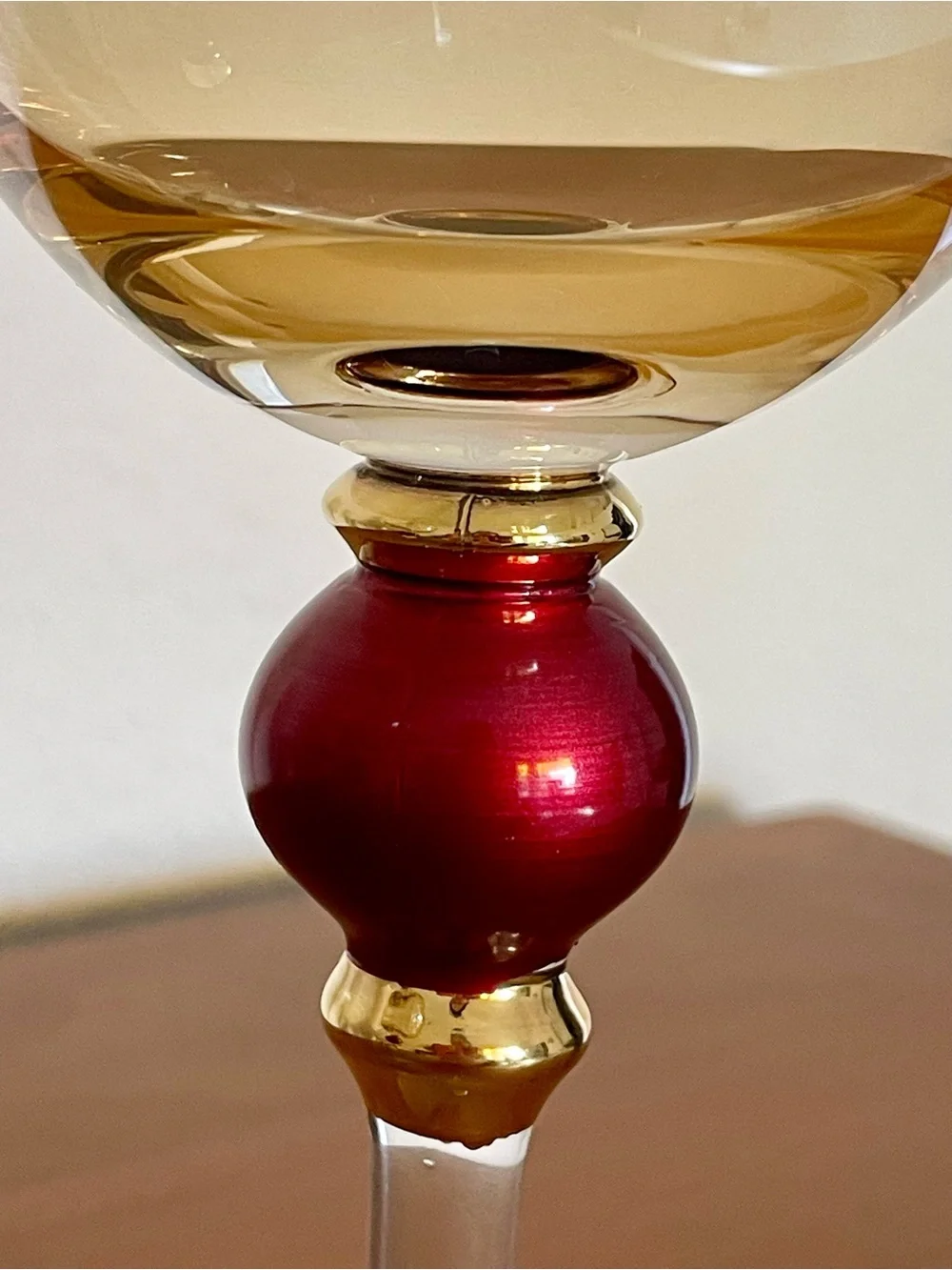 Pair of Pier 1 Amber Luster Red Ball Water Goblet Stem Wine Glass Handblown